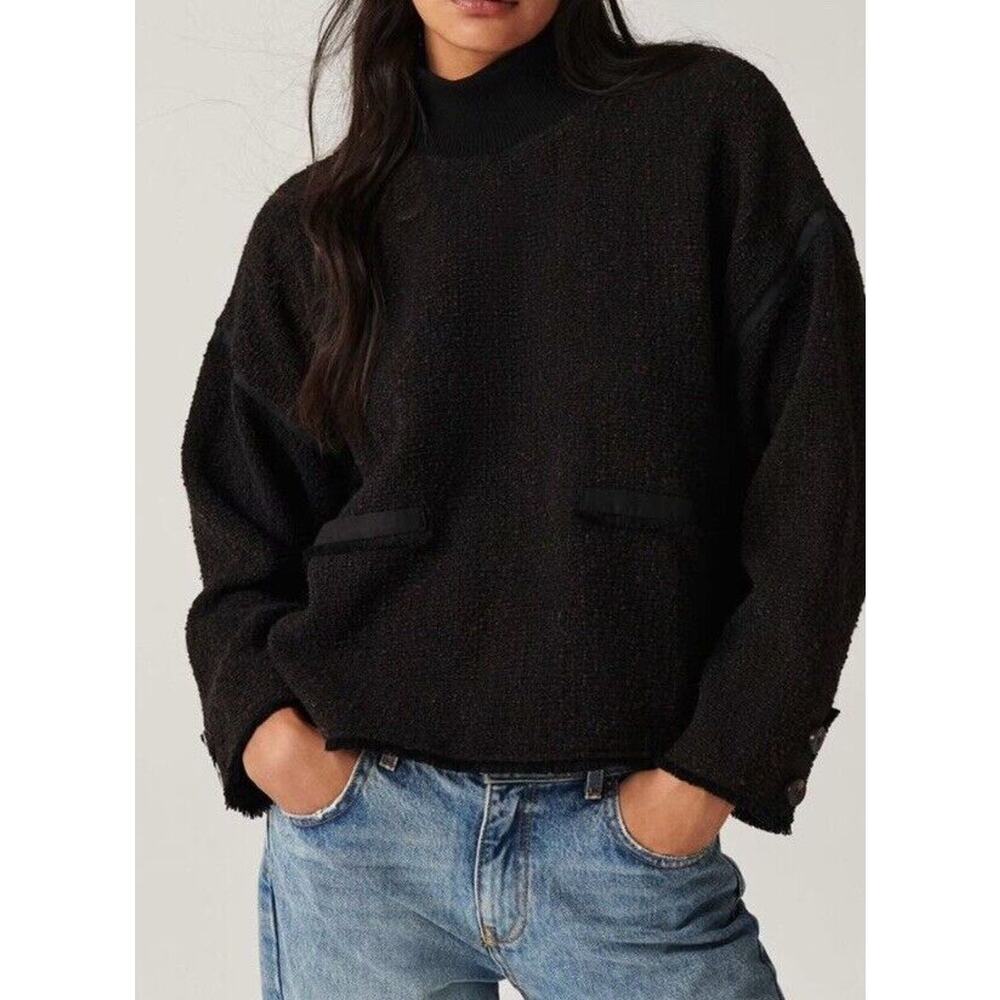 Ba&sh‎ Mohand Brown Black Tweed Top Sweater Front Pockets Women's Size 1 Small